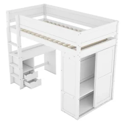 ProximaX Lit mezzanine 90x200cm, lit enfant polyvalent, équipé d'armoire, bureau et tiroirs, échelle, sommier à lattes, pin, blanc*Enfant Lit Enfant