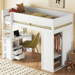 ProximaX Lit mezzanine 90x200cm, lit enfant polyvalent, équipé d'armoire, bureau et tiroirs, échelle, sommier à lattes, pin, blanc*Enfant Lit Enfant