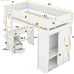 ProximaX Lit mezzanine 90x200cm, lit enfant polyvalent, équipé d'armoire, bureau et tiroirs, échelle, sommier à lattes, pin, blanc*Enfant Lit Enfant