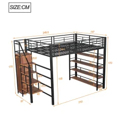 Lit mezzanine 140x200cm, lit enfant avec échelles et étagères de rangement et petite penderie, design haute clôture, noir><noscript><img width=