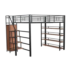 Lit mezzanine 140x200cm, lit enfant avec échelles et étagères de rangement et petite penderie, design haute clôture, noir><noscript><img width=