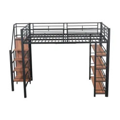 Lit mezzanine 140x200cm, lit enfant avec échelles et étagères de rangement et petite penderie, design haute clôture, noir><noscript><img width=