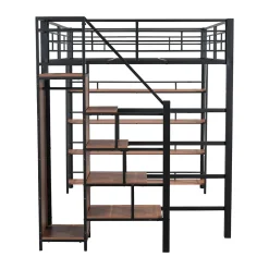 Lit mezzanine 140x200cm, lit enfant avec échelles et étagères de rangement et petite penderie, design haute clôture, noir><noscript><img width=
