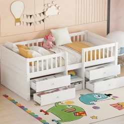 Lit Mi-Haut 90x200cm, 4 Tiroirs, Échelle, Pin, Sans Matelas, Style Minimaliste, Blanc>Fortuna lai