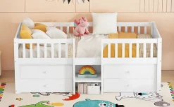 Lit Mi-Haut 90x200cm, 4 Tiroirs, Échelle, Pin, Sans Matelas, Style Minimaliste, Blanc><noscript><img width=
