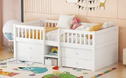 Lit Mi-Haut 90x200cm, 4 Tiroirs, Échelle, Pin, Sans Matelas, Style Minimaliste, Blanc><noscript><img width=