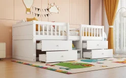 Lit Mi-Haut 90x200cm, 4 Tiroirs, Échelle, Pin, Sans Matelas, Style Minimaliste, Blanc><noscript><img width=
