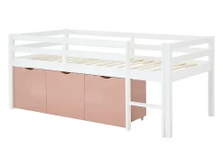 Vente-unique Lit mi-hauteur 90 x 190 cm avec rangement - Pin et MDF - Blanc et rose - LANIORI* Lit Avec Rangement