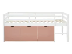 Vente-unique Lit mi-hauteur 90 x 190 cm avec rangement - Pin et MDF - Blanc et rose - LANIORI* Lit Avec Rangement