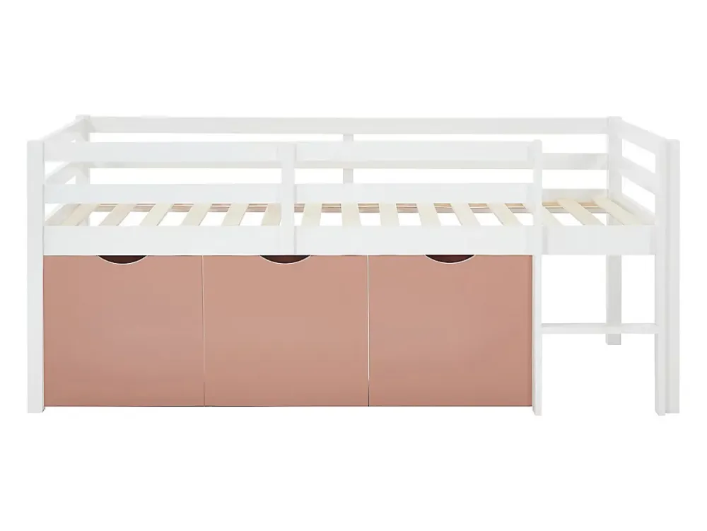 Vente-unique Lit mi-hauteur 90 x 190 cm avec rangement - Pin et MDF - Blanc et rose - LANIORI* Lit Avec Rangement