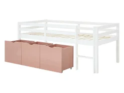 Vente-unique Lit mi-hauteur 90 x 190 cm avec rangement - Pin et MDF - Blanc et rose - LANIORI* Lit Avec Rangement