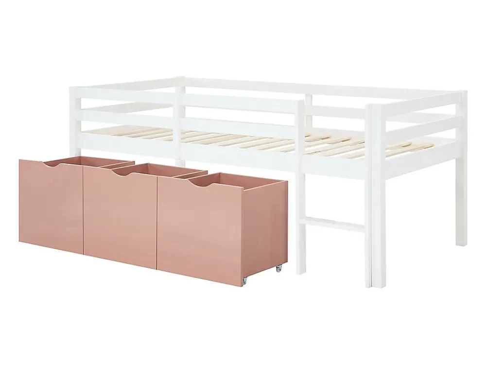 Vente-unique Lit mi-hauteur 90 x 190 cm avec rangement - Pin et MDF - Blanc et rose - LANIORI* Lit Avec Rangement