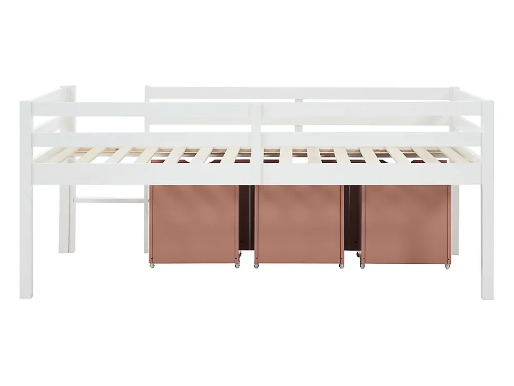 Vente-unique Lit mi-hauteur 90 x 190 cm avec rangement - Pin et MDF - Blanc et rose - LANIORI* Lit Avec Rangement
