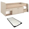 Vente-unique Lit mi-hauteur 90 x 190/200 cm avec rangements - Beige et naturel + Sommier - LUNOBI* Lit Avec Rangement