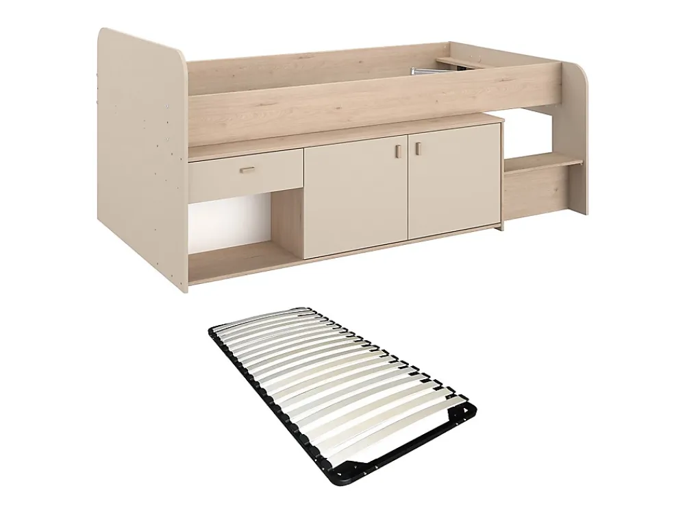 Vente-unique Lit mi-hauteur 90 x 190/200 cm avec rangements - Beige et naturel + Sommier - LUNOBI* Lit Avec Rangement
