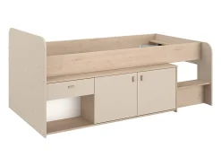 Vente-unique Lit mi-hauteur 90 x 190/200 cm avec rangements - Beige et naturel + Sommier - LUNOBI* Lit Avec Rangement