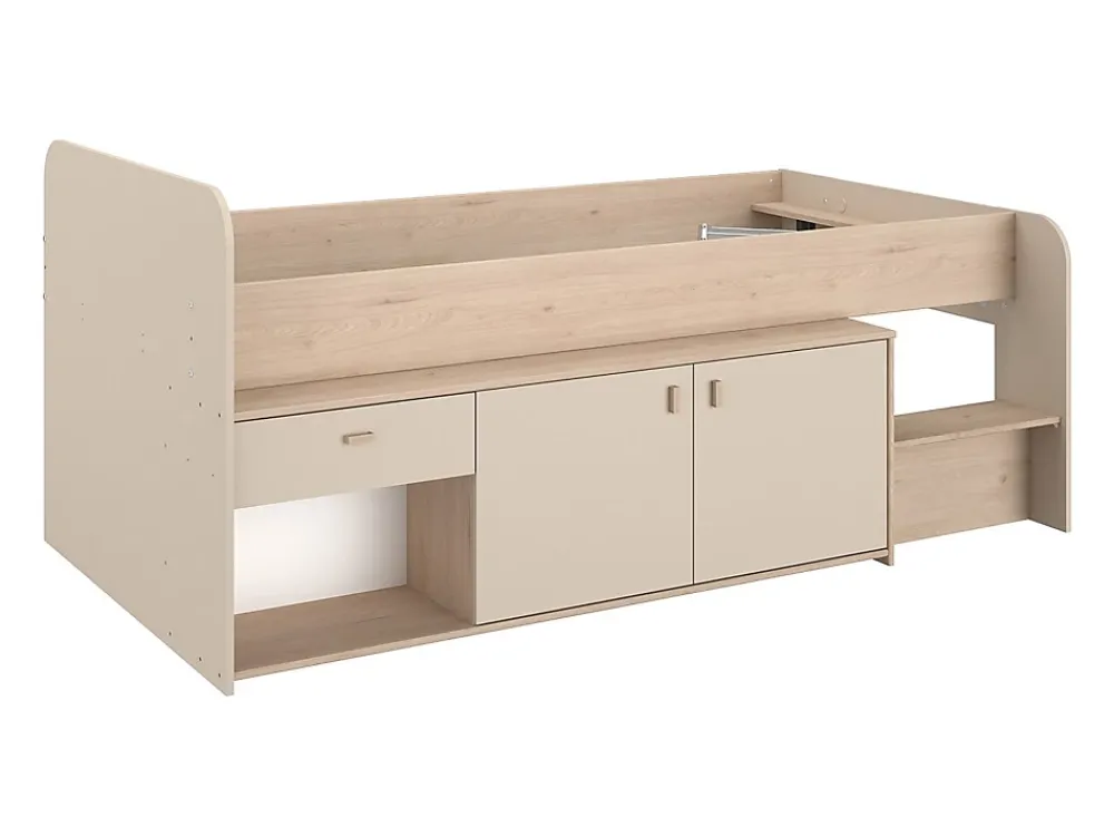 Vente-unique Lit mi-hauteur 90 x 190/200 cm avec rangements - Beige et naturel + Sommier - LUNOBI* Lit Avec Rangement