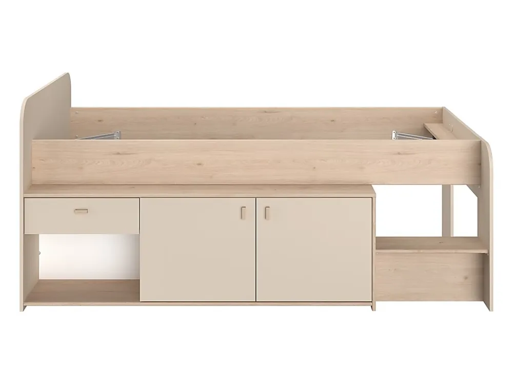 Vente-unique Lit mi-hauteur 90 x 190/200 cm avec rangements - Beige et naturel + Sommier - LUNOBI* Lit Avec Rangement