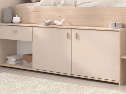 Vente-unique Lit mi-hauteur 90 x 190/200 cm avec rangements - Beige et naturel + Sommier - LUNOBI* Lit Avec Rangement