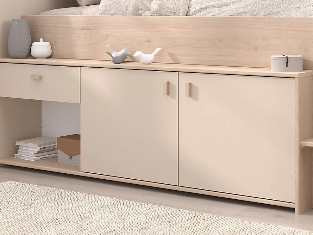 Vente-unique Lit mi-hauteur 90 x 190/200 cm avec rangements - Beige et naturel + Sommier - LUNOBI* Lit Avec Rangement