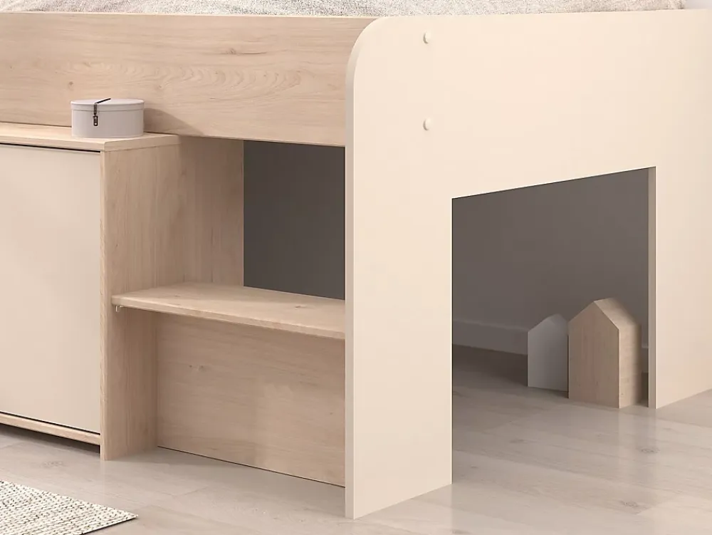 Vente-unique Lit mi-hauteur 90 x 190/200 cm avec rangements - Beige et naturel + Sommier - LUNOBI* Lit Avec Rangement
