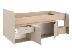 Vente-unique Lit mi-hauteur 90 x 190/200 cm avec rangements - Beige et naturel - LUNOBI* Lit Avec Rangement