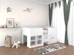 Vente-unique Lit mi-hauteur 90 x 190 cm avec rangements - Coloris : Blanc - BOUTANIO* Lit Avec Rangement