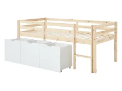 Vente-unique Lit mi-hauteur 90 x 190 cm avec rangement - Pin et MDF - Coloris : Naturel et blanc + Matelas - LANIORI* Lit Avec Rangement