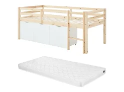 Vente-unique Lit mi-hauteur 90 x 190 cm avec rangement - Pin et MDF - Coloris : Naturel et blanc + Matelas - LANIORI* Lit Avec Rangement