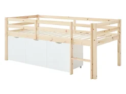 Vente-unique Lit mi-hauteur 90 x 190 cm avec rangement - Pin et MDF - Coloris : Naturel et blanc - LANIORI* Lit Avec Rangement