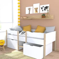 Lit mi-hauteur SISSY - 2 tiroirs - 90 x 190 cm - Blanc et chêne>Vente-unique Online