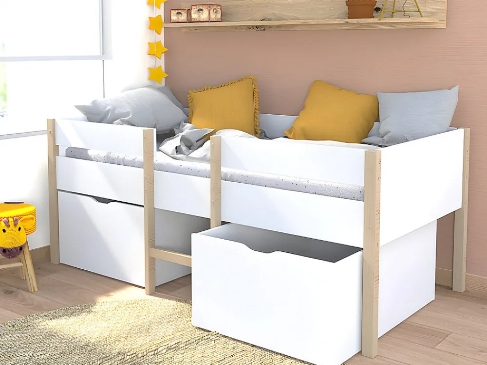 Lit mi-hauteur SISSY - 2 tiroirs - 90 x 190 cm - Blanc et chêne>Vente-unique Online