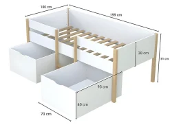 Lit mi-hauteur SISSY - 2 tiroirs - 90 x 190 cm - Blanc et chêne><noscript><img width=