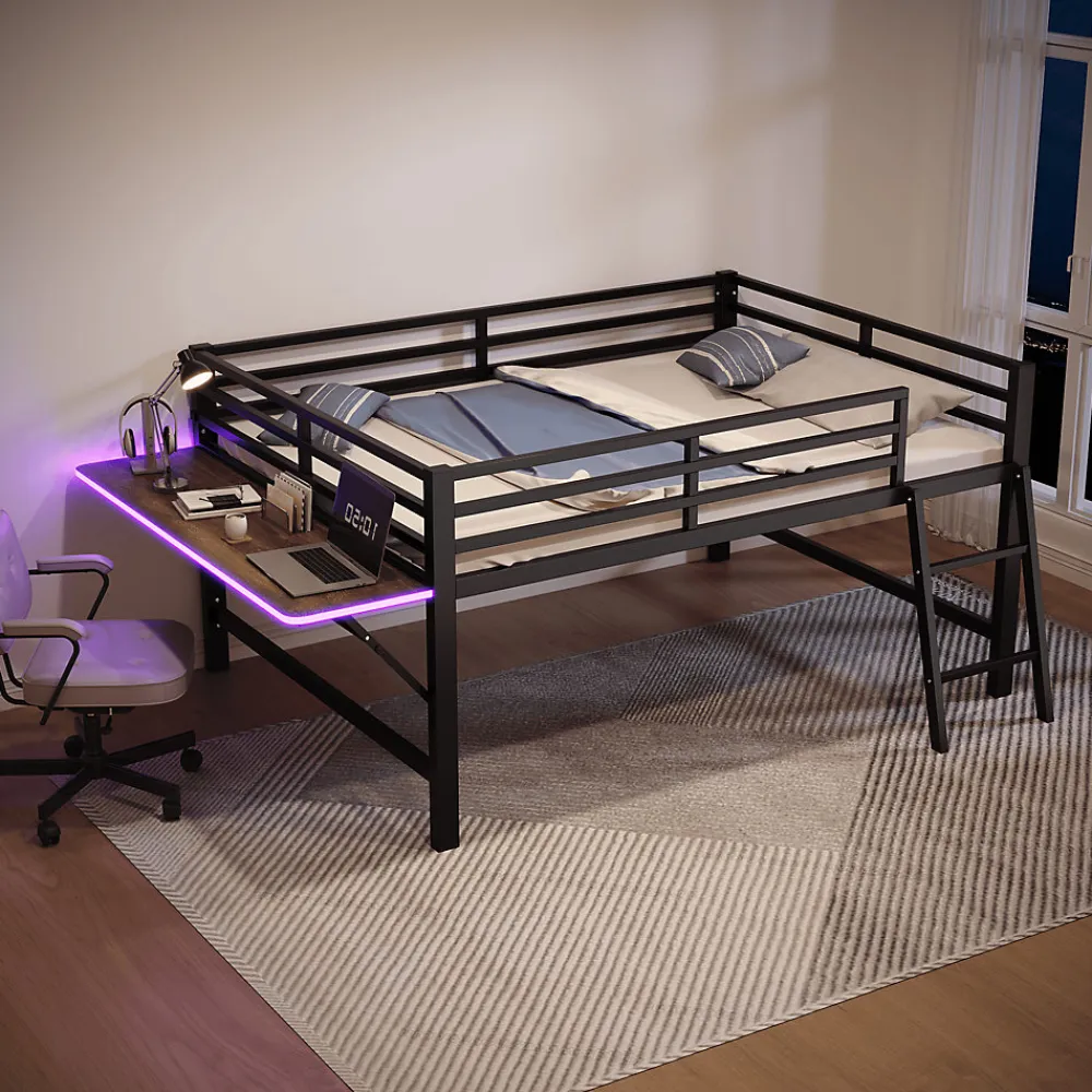 Lit mi-hauteur 140x200 cm avec étagères et éclairage LED télécommande - lit enfant/ado gain de place - sans matelas - Noir>Okwish Outlet