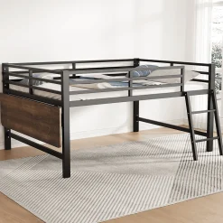 Lit mi-hauteur 140x200 cm avec étagères et éclairage LED télécommande - lit enfant/ado gain de place - sans matelas - Noir>Okwish Outlet