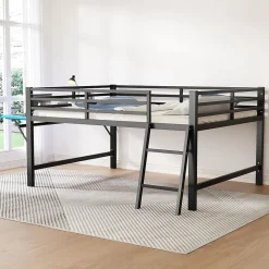 Lit mi-hauteur 140x200 cm avec étagères et éclairage LED télécommande - lit enfant/ado gain de place - sans matelas - Noir><noscript><img width=