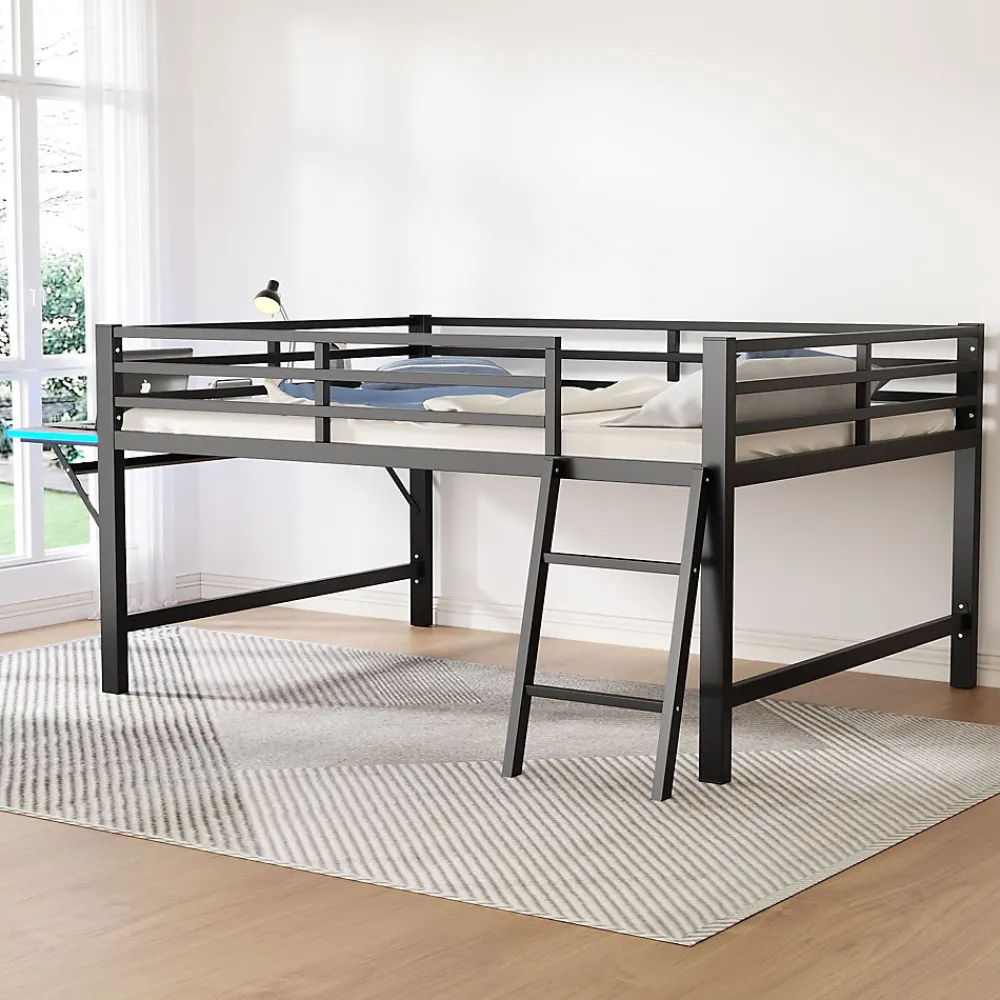 Lit mi-hauteur 140x200 cm avec étagères et éclairage LED télécommande - lit enfant/ado gain de place - sans matelas - Noir>Okwish Outlet