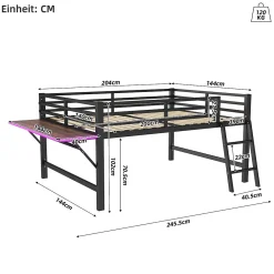 Lit mi-hauteur 140x200 cm avec étagères et éclairage LED télécommande - lit enfant/ado gain de place - sans matelas - Noir><noscript><img width=