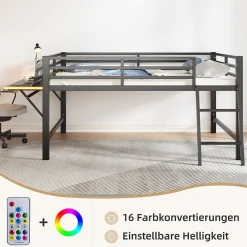 Lit mi-hauteur 140x200 cm avec étagères et éclairage LED télécommande - lit enfant/ado gain de place - sans matelas - Noir><noscript><img width=