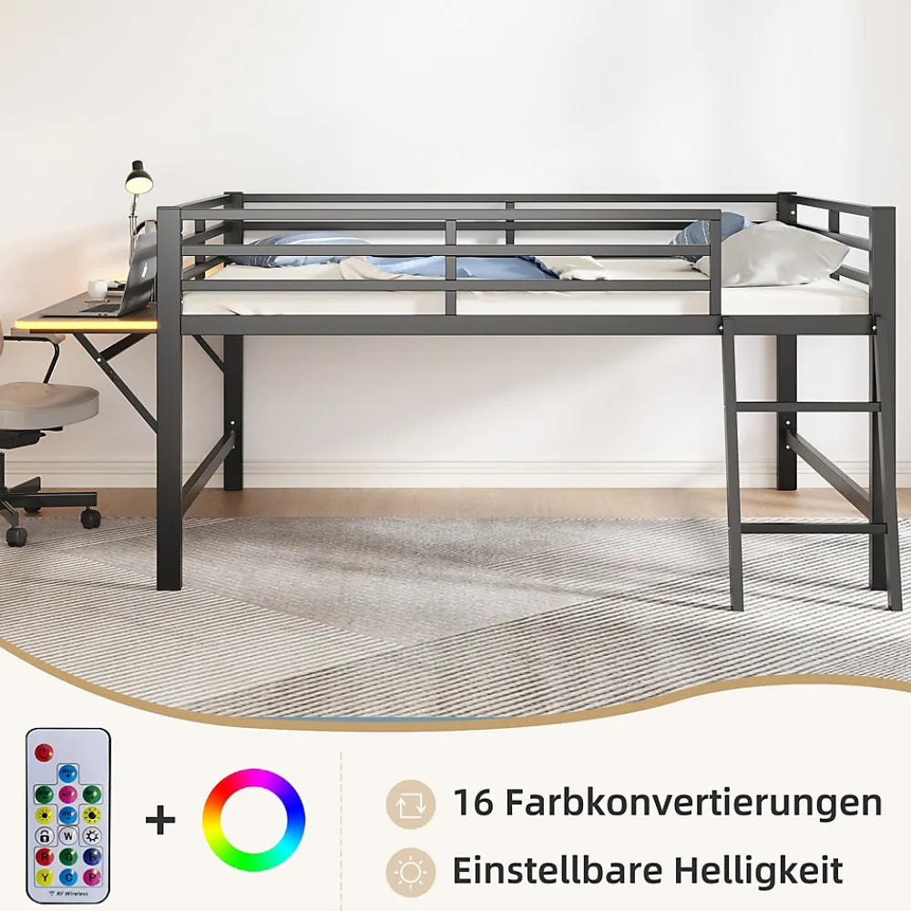 Lit mi-hauteur 140x200 cm avec étagères et éclairage LED télécommande - lit enfant/ado gain de place - sans matelas - Noir>Okwish Outlet