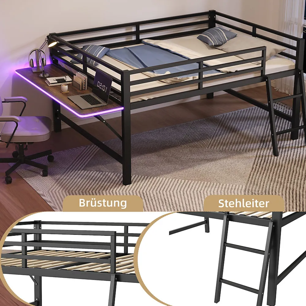 Lit mi-hauteur 140x200 cm avec étagères et éclairage LED télécommande - lit enfant/ado gain de place - sans matelas - Noir>Okwish Outlet