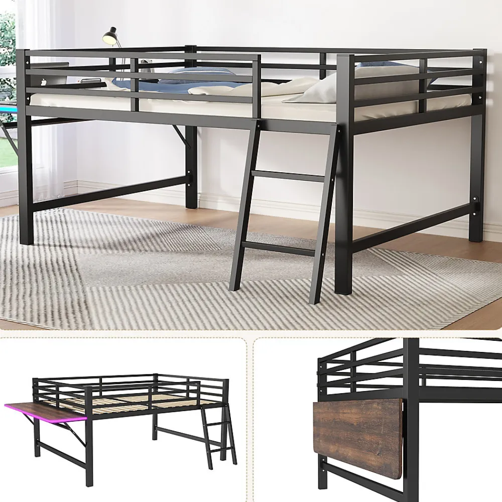 Lit mi-hauteur 140x200 cm avec étagères et éclairage LED télécommande - lit enfant/ado gain de place - sans matelas - Noir>Okwish Outlet