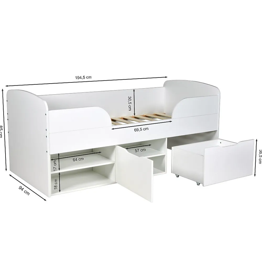 Weber Industries Lit mi-hauteur 90x190 cm ELIO avec sommier et rangements / Blanc*Enfant Lit Enfant
