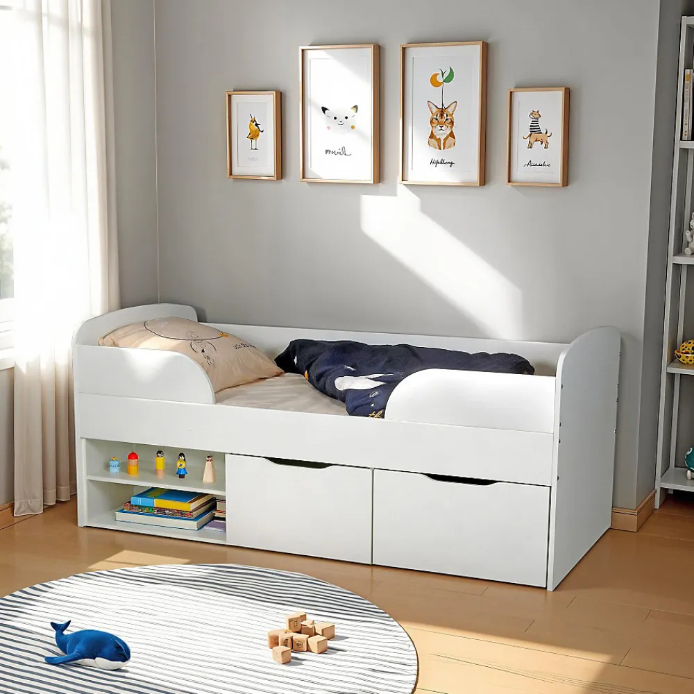 Weber Industries Lit mi-hauteur 90x190 cm ELIO avec sommier et rangements / Blanc*Enfant Lit Enfant