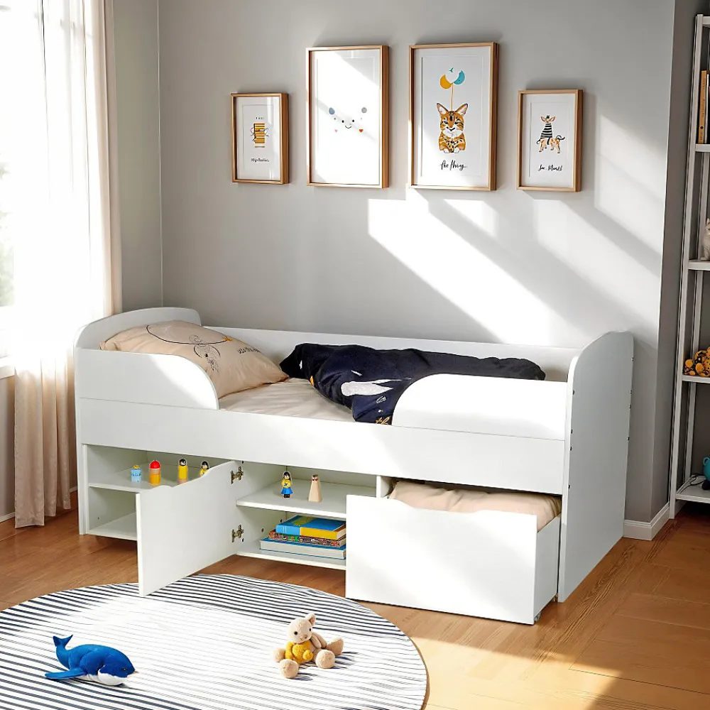 Weber Industries Lit mi-hauteur 90x190 cm ELIO avec sommier et rangements / Blanc*Enfant Lit Enfant