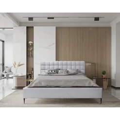 Lit MILLIO Blanc 160x200 cm Tissu chenille bouclé Sommier inclus Confort hôtel 5 étoiles><noscript><img width=