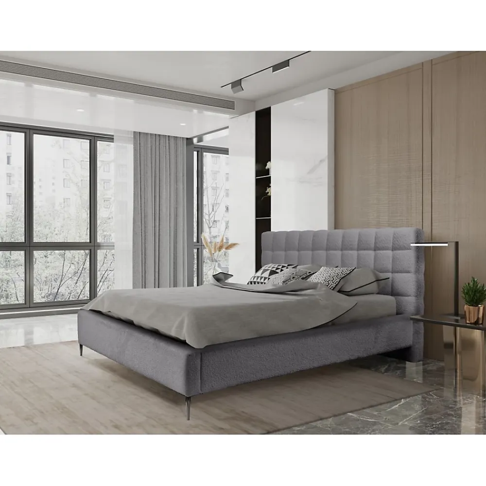 Meublorama Lit MILLIO Gris anthracite 140x200 cm Tissu chenille bouclé Sommier inclus Confort hôtel 5 étoiles* Lit Double