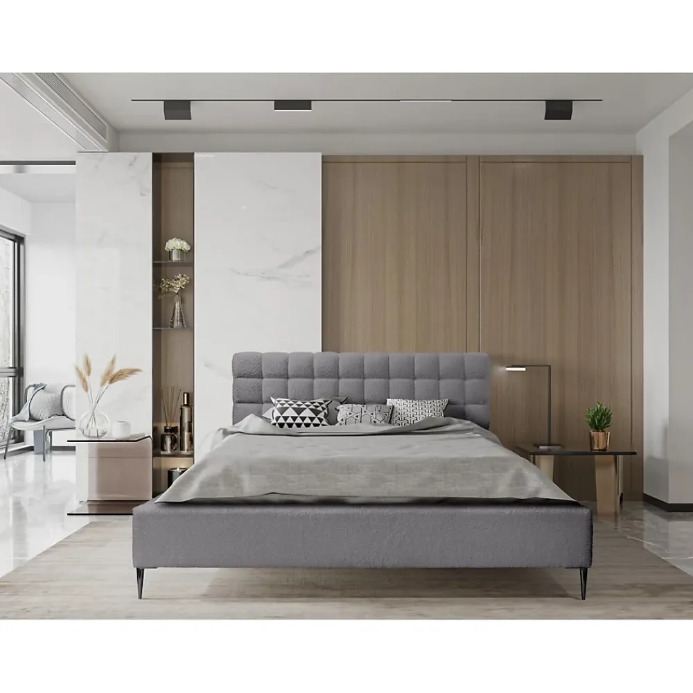 Meublorama Lit MILLIO Gris anthracite 140x200 cm Tissu chenille bouclé Sommier inclus Confort hôtel 5 étoiles* Lit Double