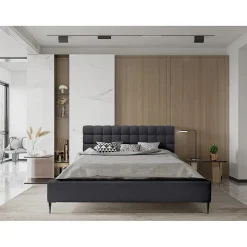 Lit MILLIO Noir 180x200 cm Tissu chenille bouclé Sommier inclus Confort hôtel 5 étoiles><noscript><img width=