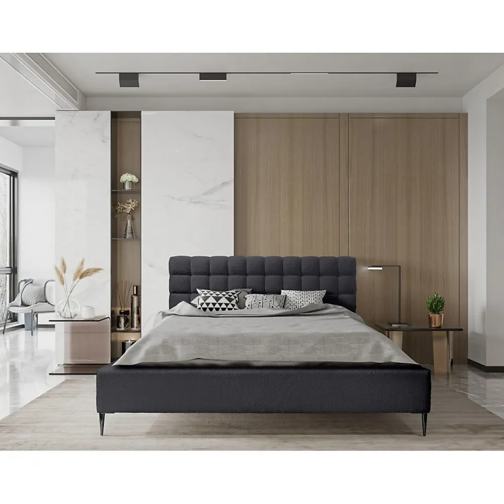 Lit MILLIO Noir 180x200 cm Tissu chenille bouclé Sommier inclus Confort hôtel 5 étoiles>Meublorama Clearance